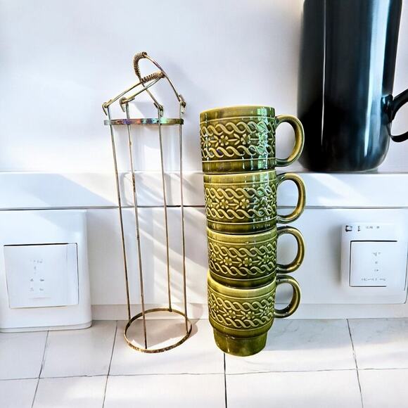 Vintage Japan Stacking Mugs w Chrome Holder-Avocado Green Retro-Midcentury-MCM - Picture 7 of 12